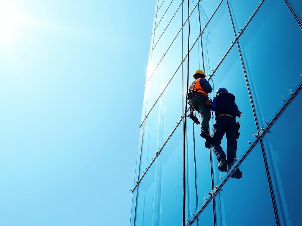 Limpieza en altura de rascacielos con seguridad industrial